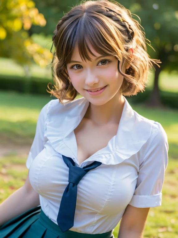 ((Tabletop)), (((Highest quality))), ((Very detailed)), ((figure)), ((Disheveled Hair)), Big Breasts:1.8.Girl posing in park, Fascinating anime, Surreal school girl, Surreal school girl, tits, Smooth anime CG art, Japanese schoolgirl, Naughty, Teasing Smile