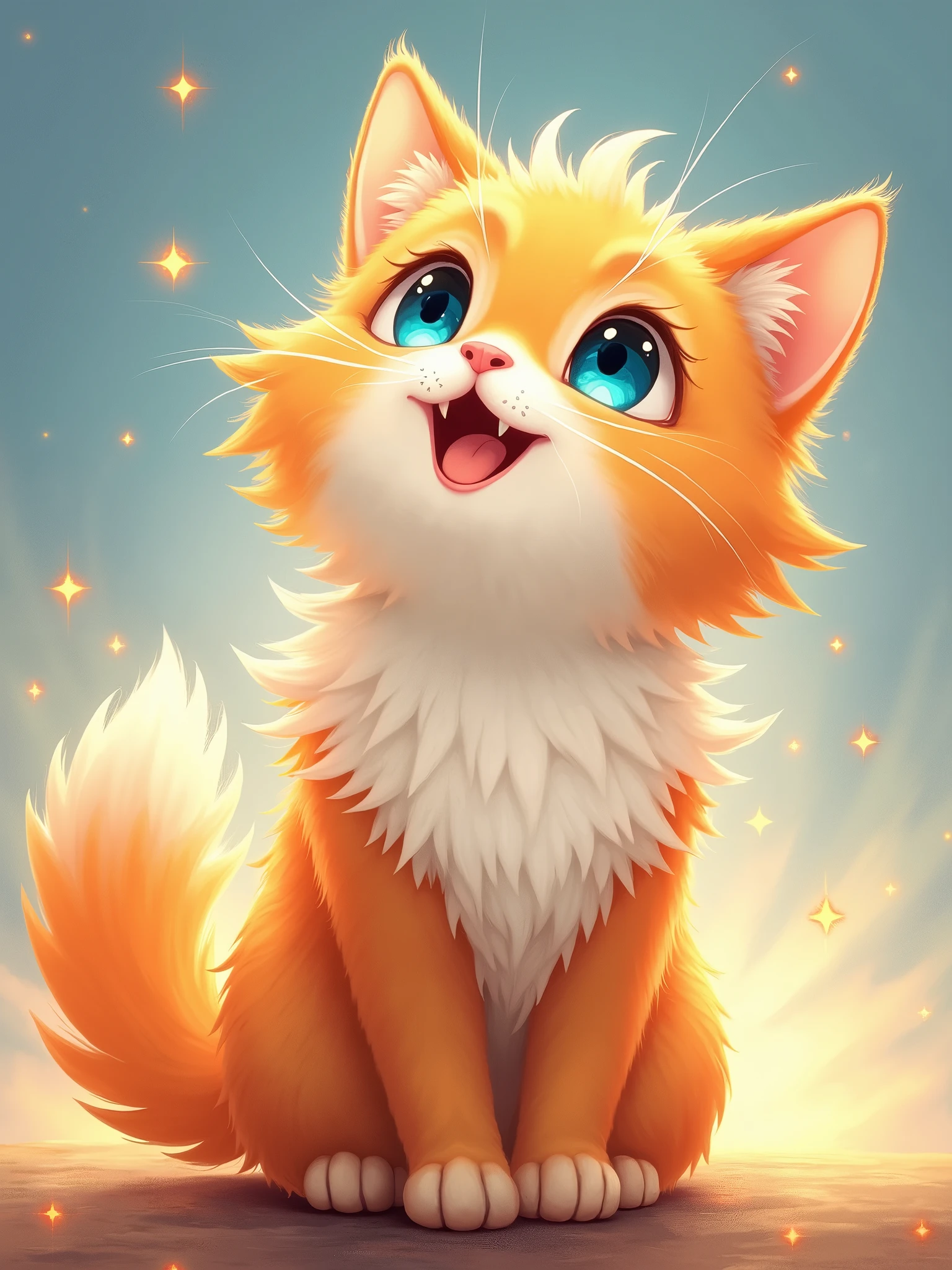 A cute orange cat with white fur, blue eyes, and long hair is smiling while looking up at the sky in the style of anime. The background features sparkling light effects. It has an oil paintingtexture, warm tones, soft lighting, clear details, bright colors, lively expressions, and a cheerfulatmosphere.