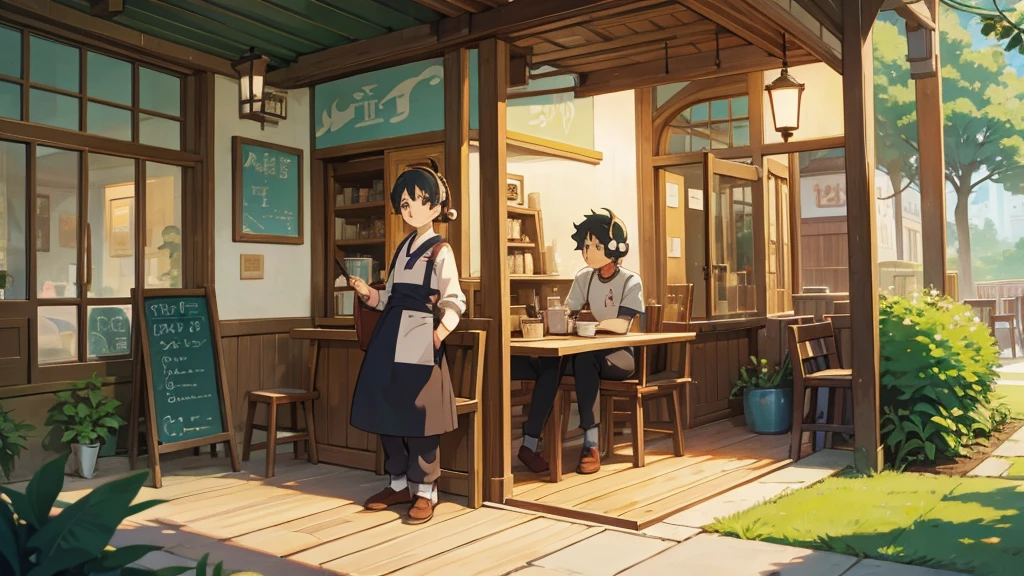 Ghibli-style anime man with headphones　Cafe　Coffee shop　Ghibli-style illustrations　Stylish
