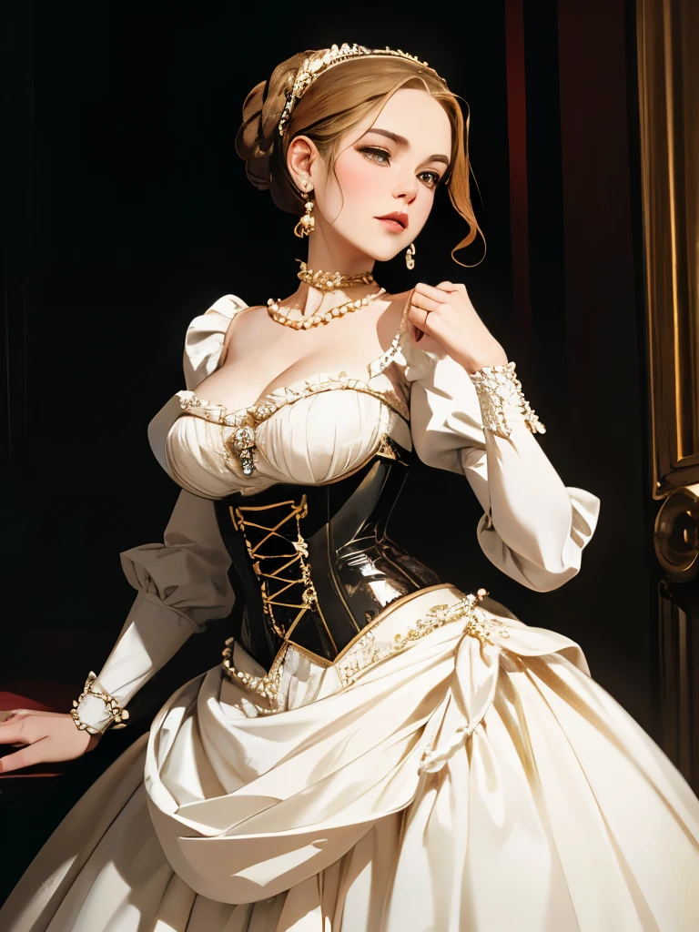 araffed woman in a white corset posing for a picture, pearls and gold chains, in victorian aristocrat, # rococo, opulent pearl necklace, elegant corset, victorian inspired clothing, ivory rococo, pearls and chains, rococo queen, rococo dress, gold and pearls, dress in the style of rococo, exquisite aristocratic