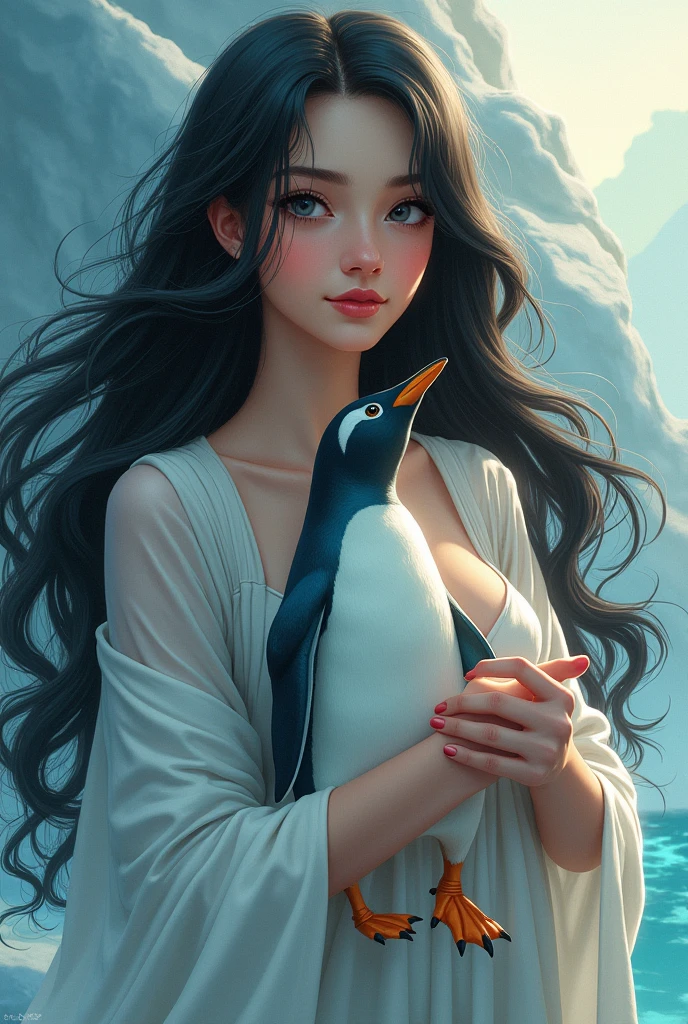 An illustration of a with long wavy hair and dark skin carrying a very light blue penguin