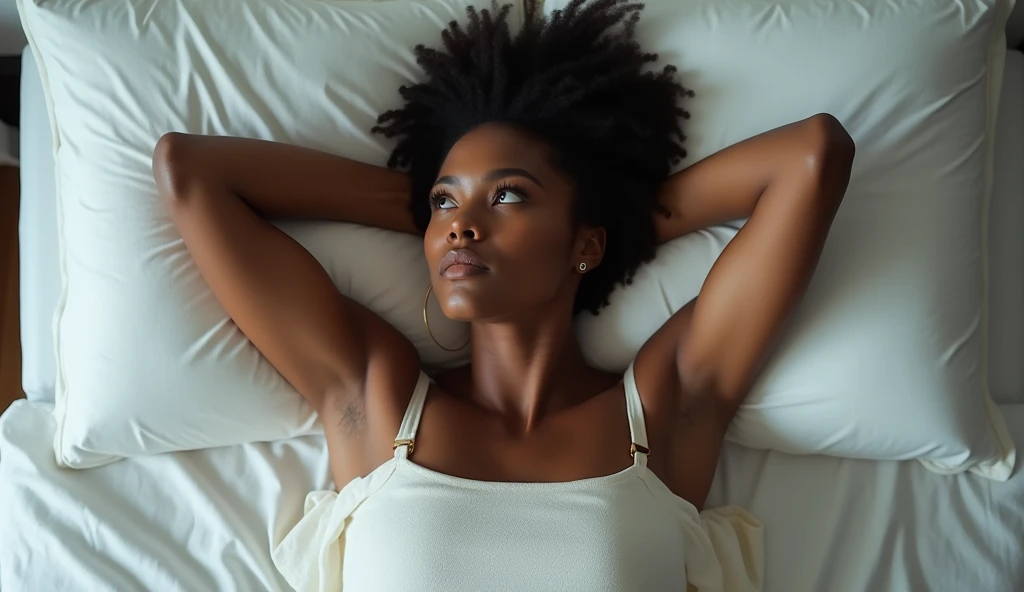 African American woman lying on the bed with her hands behind her head looking up at the ceiling, view from the ceiling looking down