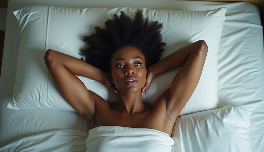 African American woman lying on the bed with her hands behind her head looking up at the ceiling, view from the ceiling looking down