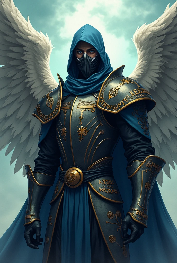 create a man, with angel wings, Plague Doctors Mask and Templar Armor, in anime style