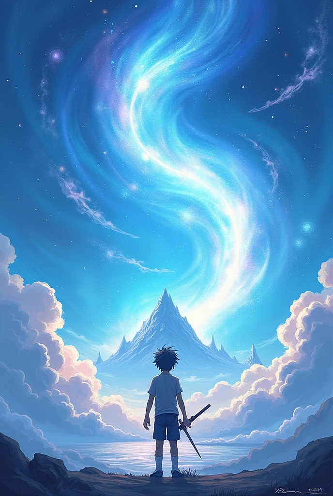 Galaxy dual white blue and sky blue colour ke andar aur looking one boy this Galaxy door one Island and this character is anime one sword in the back hand