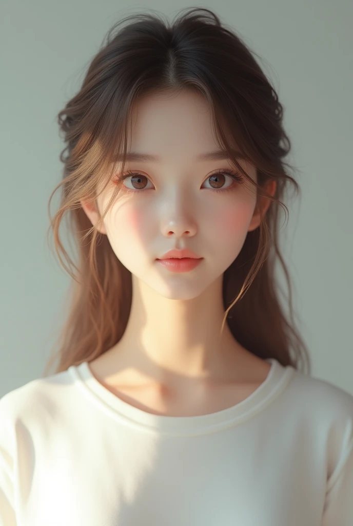 Light layered style、Transparent woman、young、White T-shirt、Tighten the hair around the neck for semi-long hair、Brown Color Hair、
Cute woman、Light hair ends、Straight looking hair、gloss々hair