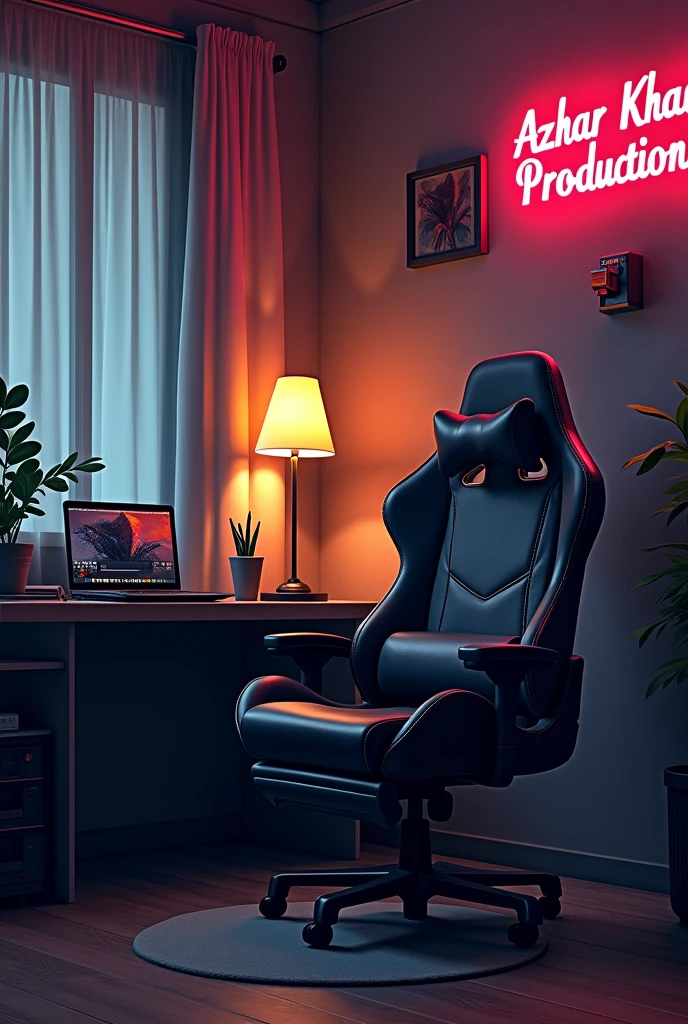 A captivating digital illustration of a personal gaming room with a dark and cozy ambiance. There is a large gaming chair with armrests and a desk with a laptop and gaming accessories. The walls have a dark grey and beige pattern. There is a neon sign in the corner with the text "AZHAR KHAN PRODUCTION". The room has a lamp, and there are shadows around the room. The overall atmosphere is moody and immersive.