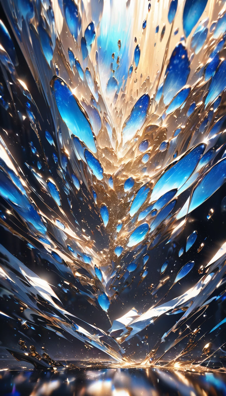 conceptual installation art, falling ice drops, shattering on the ground, background iridescent bright metallic blue, (ultra detailed, absolutely resolution, best quality:1.3), 2.5D, delicate and dynamic effects, gold dust glitter effects, artistic photography, hyper realistic, graphic CG digital art