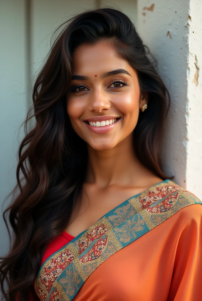 hires close up photo of a woman, Nayanthara, outdoors, smiling, looking looking at camera, colorful high neck (Organza_saree_blouse:1.2), longshort|flowing|tied} hair, ultra-detailed, photorealistic, intricate details, perfect face, full sharp, detailed face, realistic eyes,simple white stucco background wearing domatrix