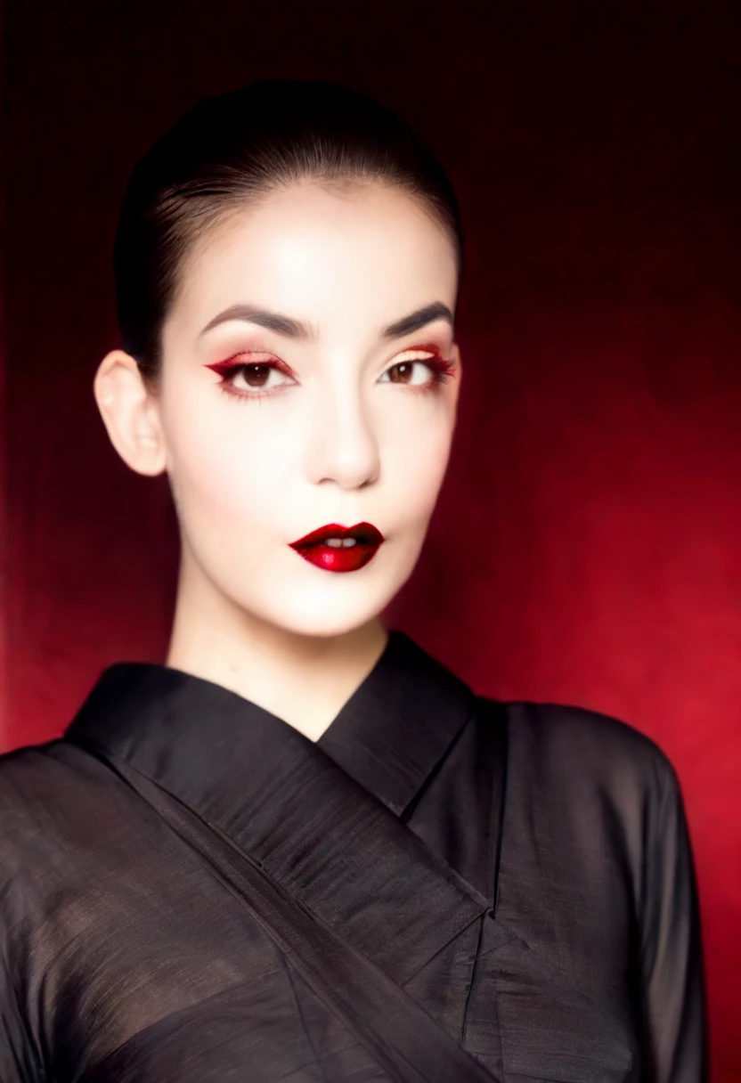 Photo noire et blanc, film noir style, Maginifique, young woman, (long buzzcut), demi-corps, Dramatic lighting, (sepia), high contrast, ombres dramatiques, 20s style, Mysterious, cinematic, Bright red lips (((Only lips red))), (looking at viewer),
