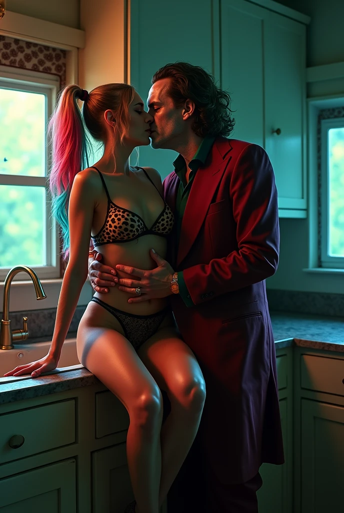 Cinematic image of Harley Quin with colorful hair sitting with her legs wide open on the kitchen counter in a leopard print bra and lace panties and Joker is standing hugging her and kissing her on the mouth and putting his hand in her panties 