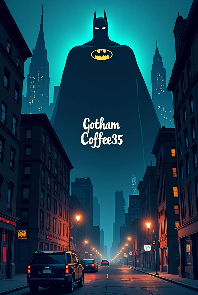 gotham city la nuit et dans le ciel une grande projection batman avec ecrit sur la projection Gotham Coffee35 en cartoon