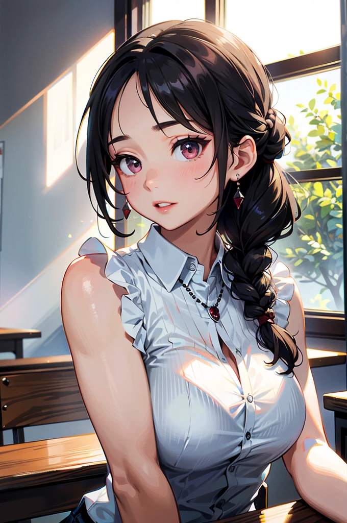 masterpiece:1.2、8k、Real、Photorealistic:1.37、Super detailed、Close up on face、Photo from chest up、Bust、Big Breasts、1 female、Staring at the audience:1.5、Big Breasts、(Black Hair、Hair tied up)、(White lace sleeveless shirt、Collared, button-front sleeveless shirt、White tight shirt、Garnet Necklace、Large Breasts、Ample breasts)、A bright, sunny classroom