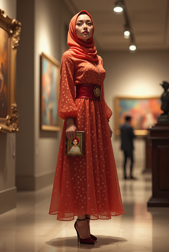 Art gallery. A beautiful woman in a hijab in a polka dot dress stands and holds a small painting under her belt showing the face of a cute Indonesian child, digital art. High heels. Red belt.