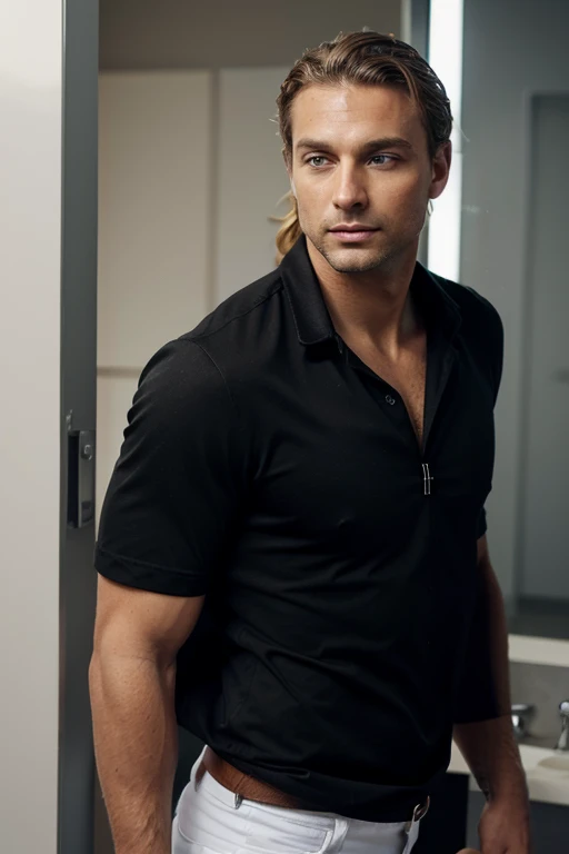40 year old Olive skin man... Pale blue eyes... Fair-skin, tanned... Tousled Short dark blonde hair, natural wavy... Slight stubble, not fully clean-shaven but also not completely unshaved... 1.88m tall... Athletic, slightly muscular, with a lean and fit build... He is wearing black blazer, black jeans and a black t-shirt... Elegant... Classy,