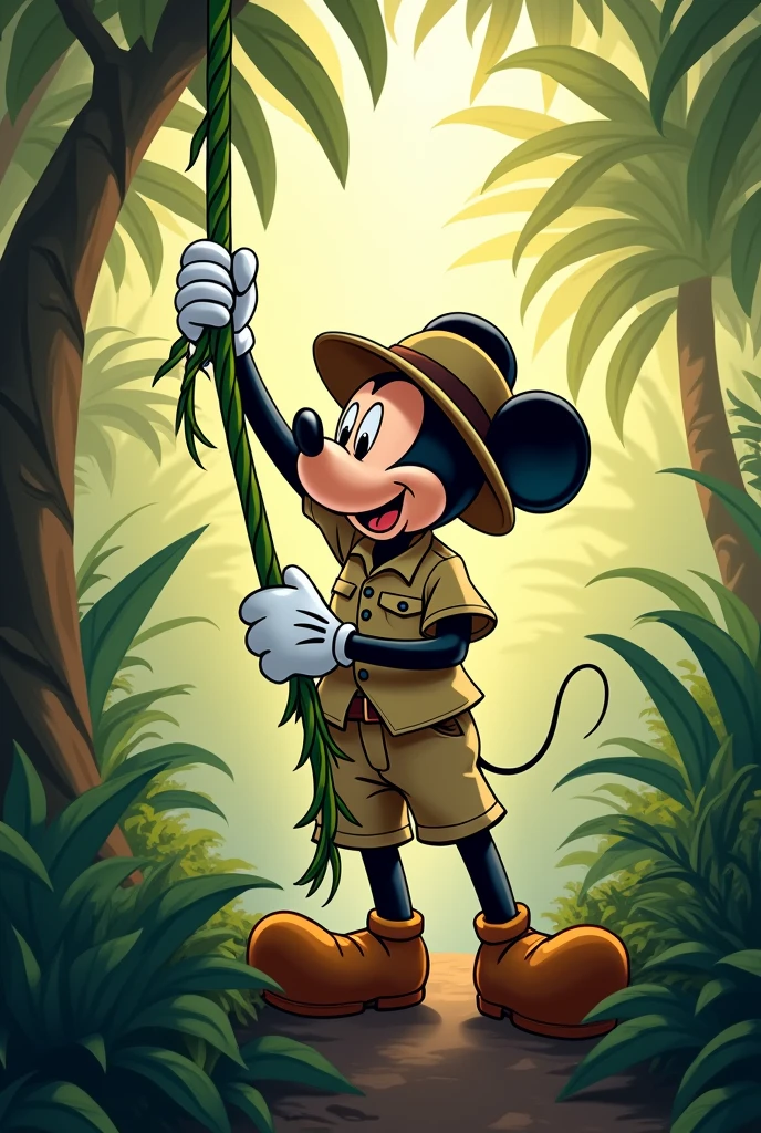 Mickey in safari outfit holding a vine 