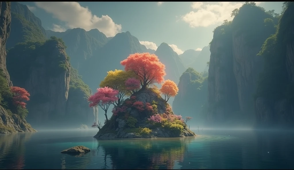 A small island with many colorful trees, Matte inspired by Mike Winkelmann, Popular on CGsociety, Fantasy Art, beeping sounds and mike winkelmann, Philip Hodas&#39;s Artistic Style, Epic dreamlike fantasy landscape, realism | beeping sounds, beeping sounds global illumination, beeping sounds daily art