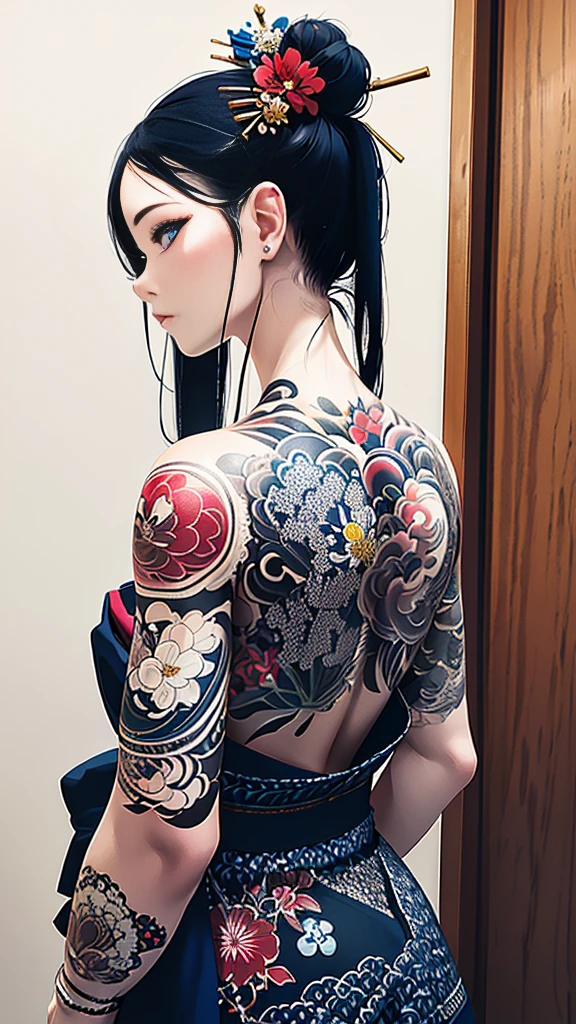 (masterpiece, top quality, best quality, official art, beautiful and aesthetic:1.2),1girl, tattoo, solo, japanese clothes,  hair ornament, unsheathing, black hair, sheath, back tattoo, blue eyes,  off shoulder, bare shoulders, looking back, from behind, flower, looking at viewer,  holding, makeup, 
indoor,