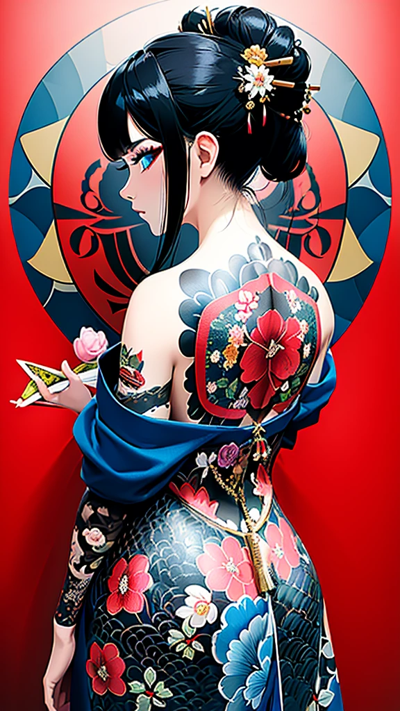 (masterpiece, top quality, best quality, official art, beautiful and aesthetic:1.2),1girl, tattoo, solo, japanese clothes, hair ornament, unsheathing, black hair, sheath, back tattoo, blue eyes, off shoulder, bare shoulders, looking back, from behind, flower, looking at viewer, holding, makeup,
indoor,