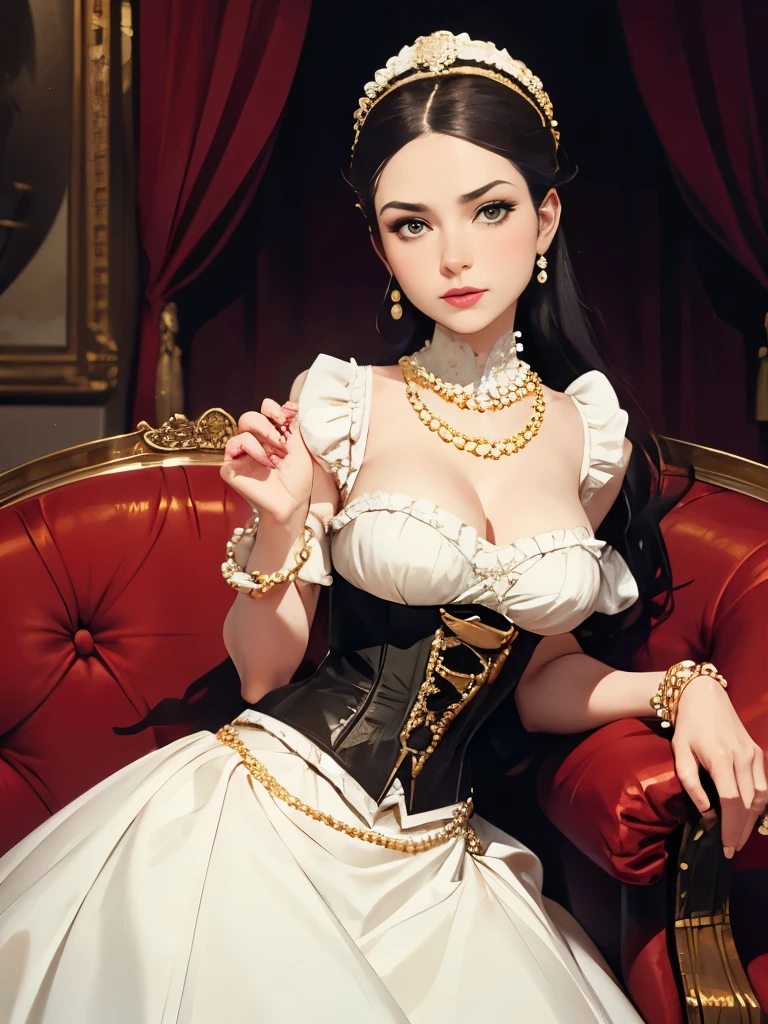 araffed woman in a white corset posing for a picture, pearls and gold chains, in victorian aristocrat, # rococo, opulent pearl necklace, elegant corset, victorian inspired clothing, ivory rococo, pearls and chains, rococo queen, rococo dress, gold and pearls, dress in the style of rococo, exquisite aristocratic