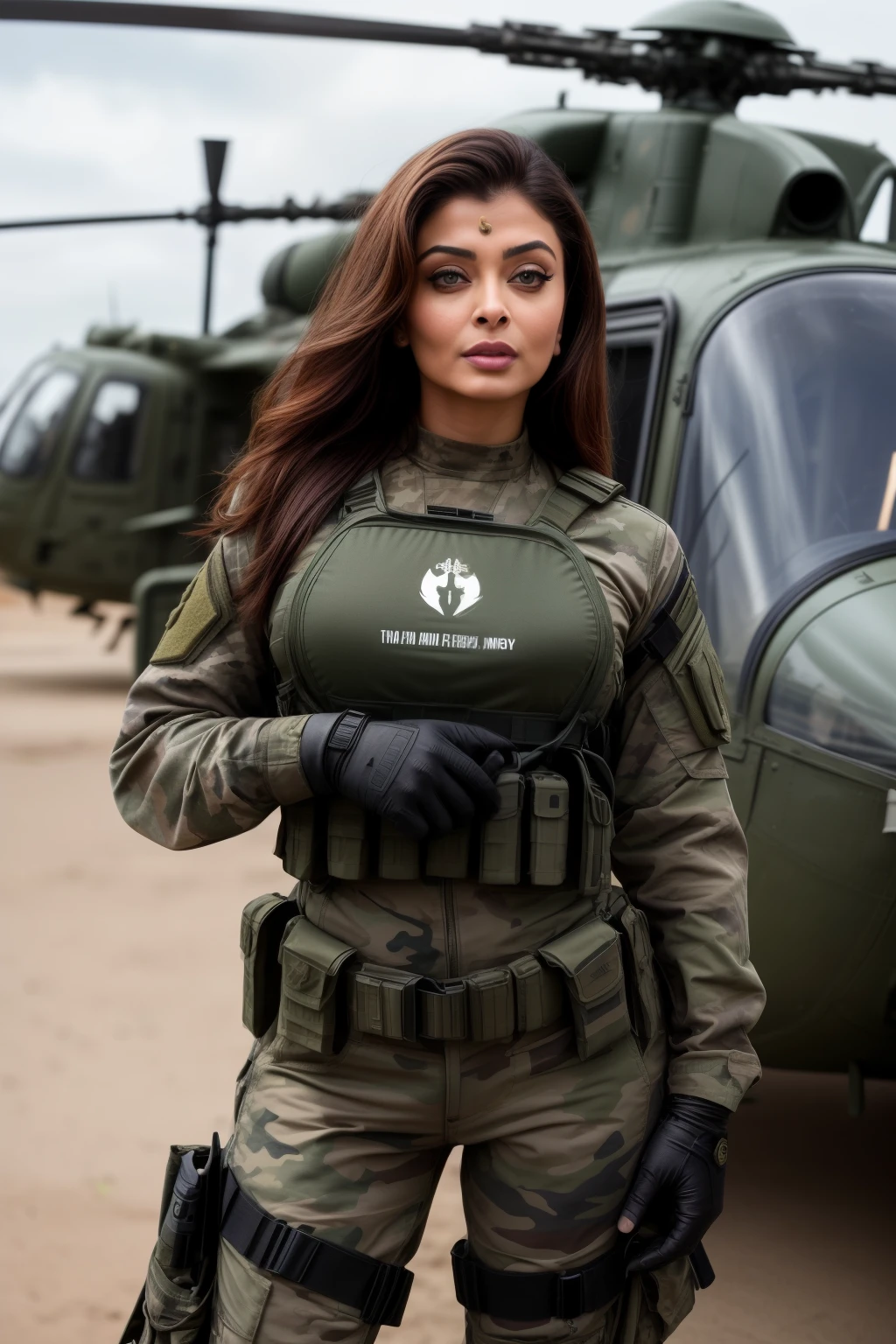 Full body photo of 50YO MATURE MILF AISHWARYA RAI as ARMY MILF, WEARING FULL ARMY GEAR, COMBAT BOOTS, COMBAT GLOVES, KNEEPADS, CAMO PLATE CARRIER RIG, intricate details, POSING next to army helicopter, ((MOCKING INVITATION)), GREEN HIGHLIGHTED HAIR, day scene, mature hourglass figure, look straight at camera, sexy 50 yo mature MILF, soft volumetric lights, intricate details, (ArtStation:1.2)