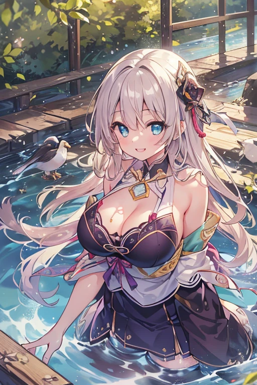 (Highest quality:1.5, Very detailed, Vibrant, Ultra-high resolution:1.2, High Contrast, masterpiece:1.2, Highest quality1.3), (((1 person, beautiful girl))),Anime Drawings, (Big Breasts1.3, Beautiful breasts 1.4, slender:1.3), {small}, ((Big Breasts)), Straight long hair, ((Full-body shots)), Neat clothes, Wearing clothes that emphasize the breasts, mini skirt, Sparkling eyes, Detailed face, thin髪, Detailed skin, (Beautiful Eyes:1.5), smile, Happy expression, Showing teeth, thin, Beautiful Skin, Break Blur background, Fantastic concept, Depicting water and light,Japanese anime, In the park, Beautiful light shines in,Open your hands, Bird's-eye view, RAW Photos, anime style
