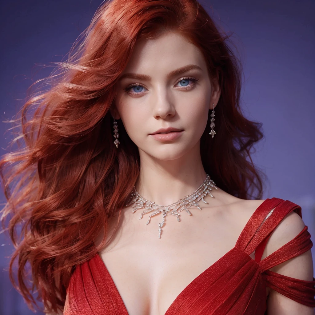 realistic 2 woman with red hair and blue eyes, Pretty white skin wearing red modern sexy attractive style dress, dress with transparent influencer fashion with attractive jewelry, non-conservative dress, attractive face. full body clothing model, from head to toe with scenery for a movie on orange page. plus eighteen. attract. thin face. dress without excess fabric.