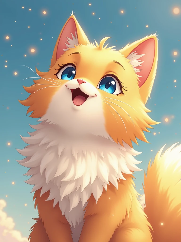 A cute orange cat with white fur, blue eyes, and long hair is smiling while looking up at the sky in the style of anime. The background features sparkling light effects. It has an oil paintingtexture, warm tones, soft lighting, clear details, bright colors, lively expressions, and a cheerfulatmosphere.