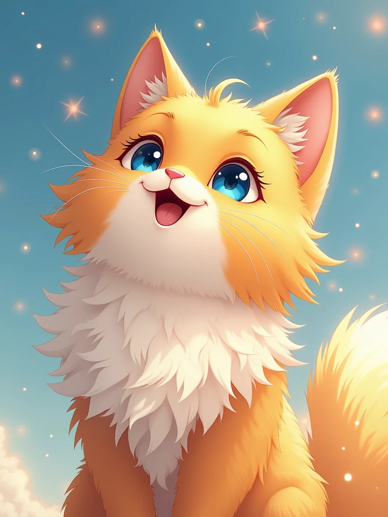 A cute orange cat with white fur, blue eyes, and long hair is smiling while looking up at the sky in the style of anime. The background features sparkling light effects. It has an oil paintingtexture, warm tones, soft lighting, clear details, bright colors, lively expressions, and a cheerfulatmosphere.
