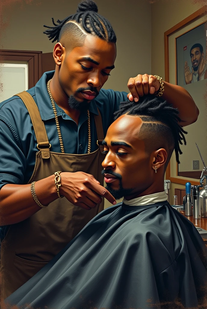 2pac getting a haircut , by a fat black barber with short square hair