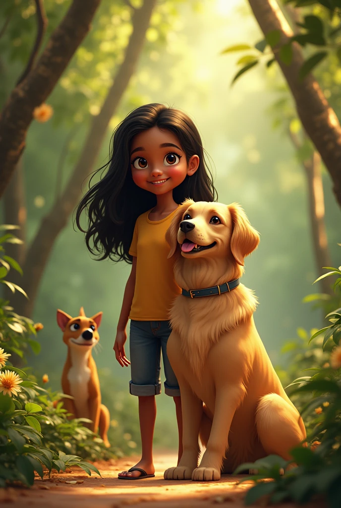 Medium skin tone girl with black hair , dark eyes , beautiful smile.with a golden retriever dog. With the characters from the movie Princess and the Frog