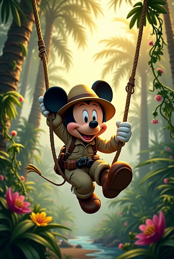 Mickey in safari outfit hanging from a vine 