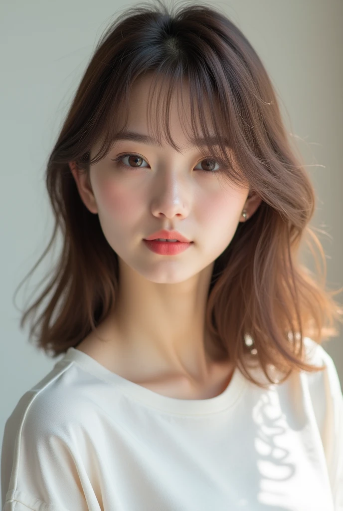 Light layered style、Transparent woman、young、White T-shirt、Semi-long hair to reduce the volume around the neck、Brown Color Hair、
Cute woman、Light hair ends、Straight looking hair、gloss々hair