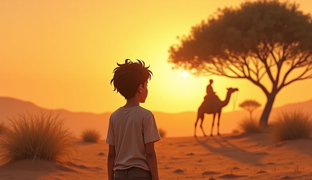 • As the sun bore down, making Jamie's(young boy)shirt stick to their back, a cool voice floated through the air.
Prompt: The intense midday sun blazes overhead, with Jamie standing and wiping sweat from their brow. In the distance, an acacia tree offers a small patch of shade, and a shadowy figure of a camel starts to appear, as if speaking.