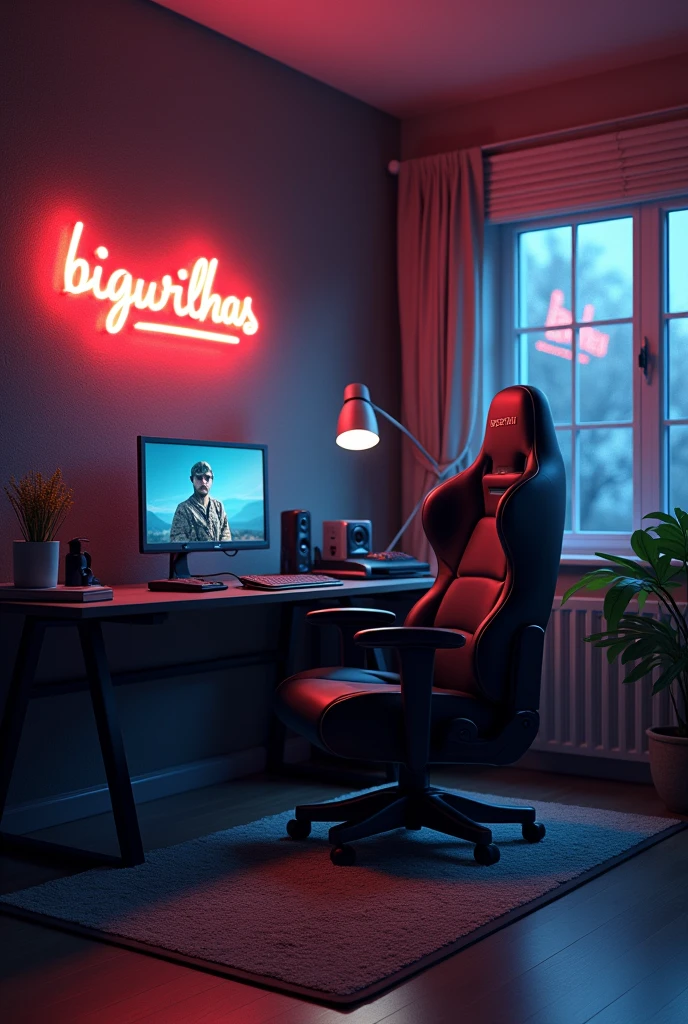 A captivating digital illustration of a personal gaming room with a dark and cozy ambiance. There is a large gaming chair with armrests and a desk with a laptop and gaming accessories. The walls have a dark grey and beige pattern. There is a neon sign in the corner with the text "BIGURILHAS PRODUCTION". The room has a lamp, and there are shadows around the room. The overall atmosphere is moody and immersive.