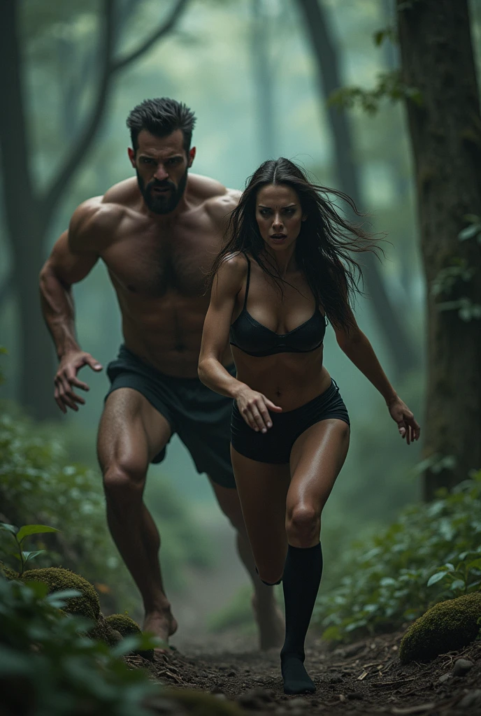 Black naked man chasing a topless crying woman in tight latex stockings inside a big forest real picture