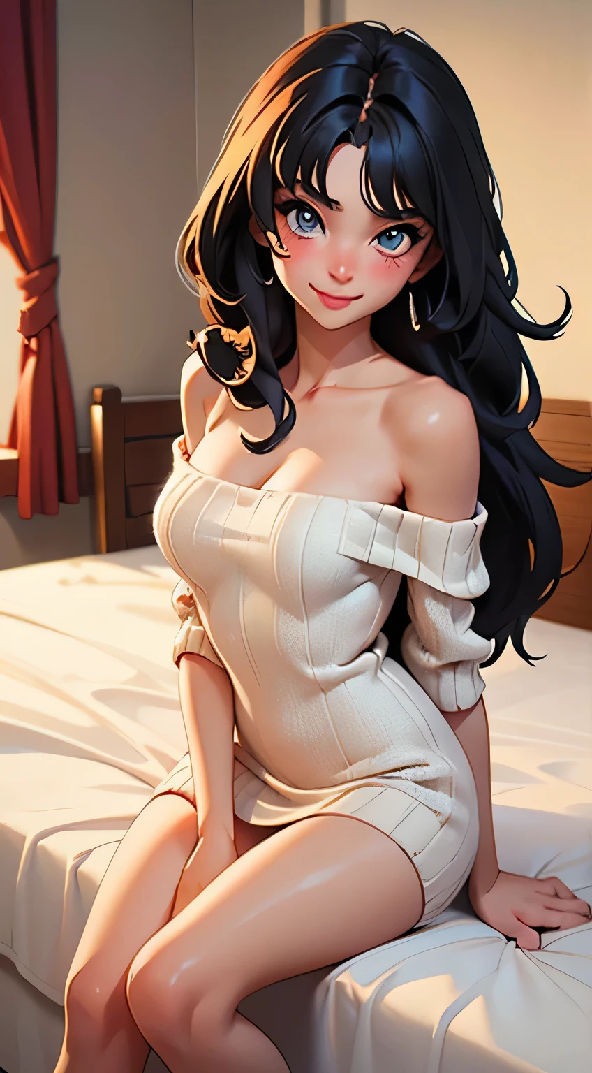 Sexy woman, long black luscious hair, seductive gaze and smile, blushing intensely, perfect body, black and white knitted off shoulder dress, medium chest, cleavage, sitting on bed