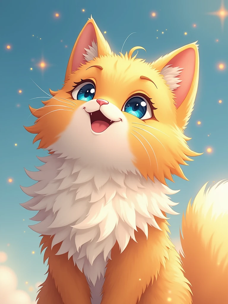 A cute orange cat with white fur, blue eyes, and long hair is smiling while looking up at the sky in the style of anime. The background features sparkling light effects. It has an oil paintingtexture, warm tones, soft lighting, clear details, bright colors, lively expressions, and a cheerfulatmosphere.