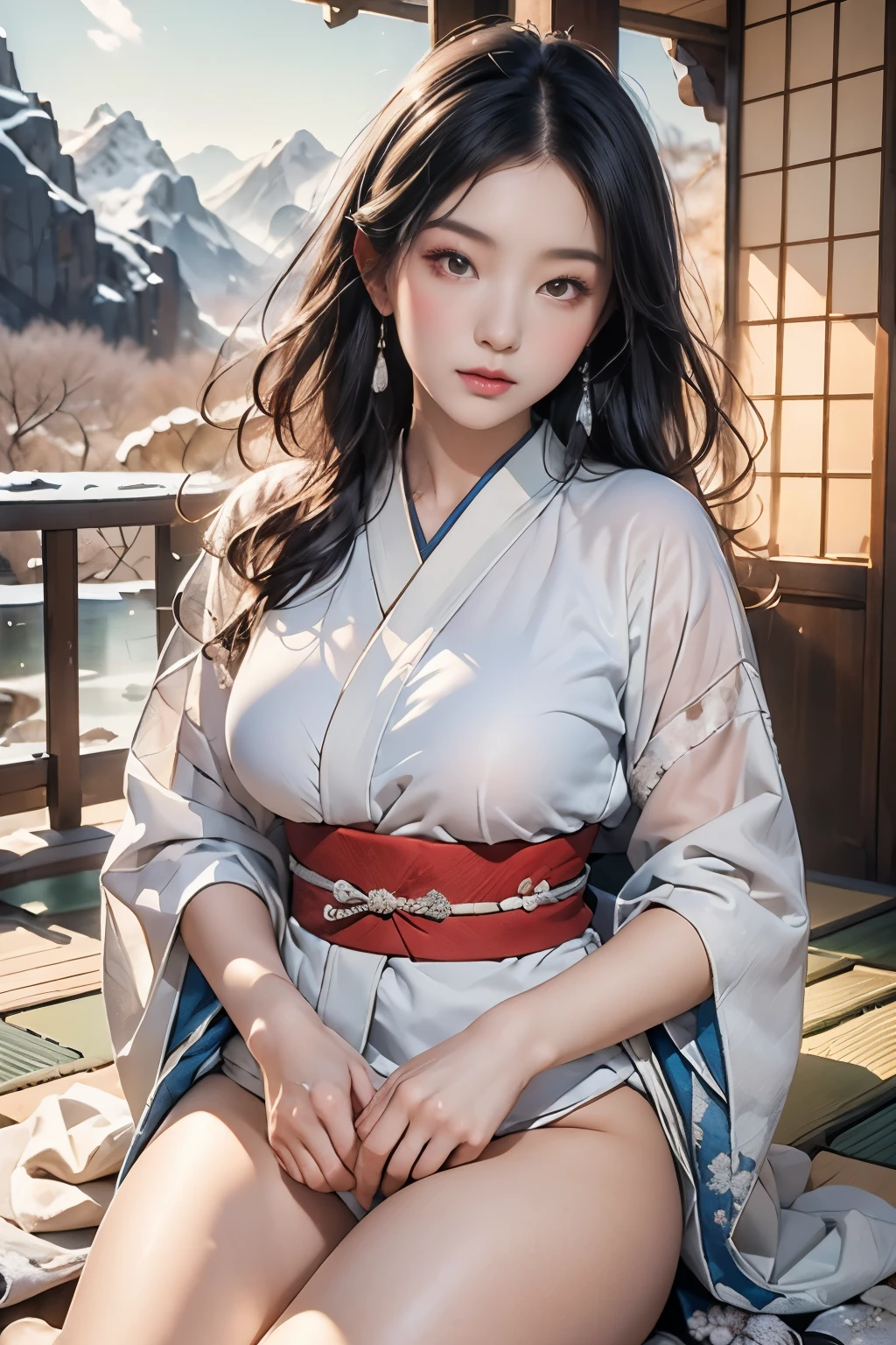 masterpiece、Top quality、realism、Realism、Against the backdrop of the deep blue sky，Beautiful scene of snowy mountains and frosted trees in midwinter、Mist flowing between snowy mountains、Frosted tree々Beautiful long silver hair woman wearing transparent pure white Japanese kimono snuggling