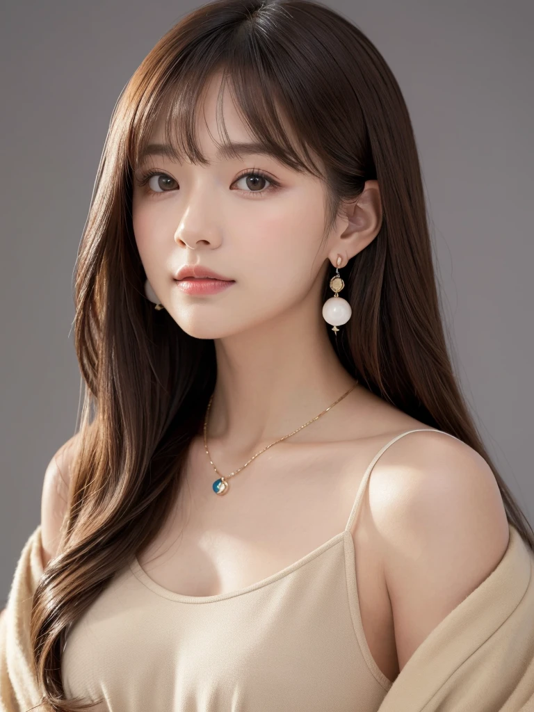  ((Highest quality, 8k, masterpiece:1.3)), concentrate: 1.2, Perfect body beauty: 1.4, Hips: 1.2, ((Long Hair, chest: 1.2)), (Dry clothes: 1.1) , (clear, Simple Background:1.3), Simple clothes: 1.1, Highly detailed face and skin texture,Delicate eyes, double eyelid, Whitened skin, Rough skin、Long Hair、bangs、Simple earrings、necklace、 solo、Beige coat、White shirt,  (((Cute and beautiful Japan)))、  ((Beautiful 20-year-old Japanese))、 ((Baby Face))、 (((Slender body)))、  Upper Body，Face focus、necklace，Simple Background，From above， Realistic Hair、 A photograph was taken:Canon EOS R6、135mm、1/1250 seconds、f2.8、ISO400、(Detailed explanation of the hand)、(Masseter muscle area)、(Exquisite CG)、Long Hair, loose and curly hair、Korean Hair、Long Hair明るいベージュ色、グラデーションハイライトグレージュのゆるふわLong Hairスタイル、