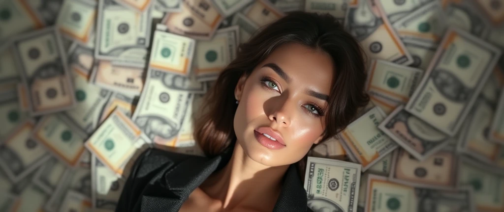 A beautiful young Brazilian woman with brown shoulder-length hair and almond-shaped eyes, wearing tailored clothes, lying on a large pile of money, (best quality,4k,8k,highres,masterpiece:1.2),ultra-detailed,(realistic,photorealistic,photo-realistic:1.37),portrait,luxury,opulent,wealthy,lavish,sumptuous,elegant,refined,sophisticated,captivating gaze,flawless skin,radiant smile,dramatic lighting,cinematic composition
