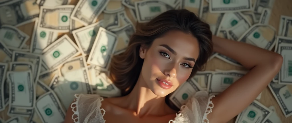 A beautiful young Brazilian woman with brown shoulder-length hair and almond-shaped eyes, wearing tailored clothes, lying on a large pile of money, (best quality,4k,8k,highres,masterpiece:1.2),ultra-detailed,(realistic,photorealistic,photo-realistic:1.37),portrait,luxury,opulent,wealthy,lavish,sumptuous,elegant,refined,sophisticated,captivating gaze,flawless skin,radiant smile,dramatic lighting,cinematic composition