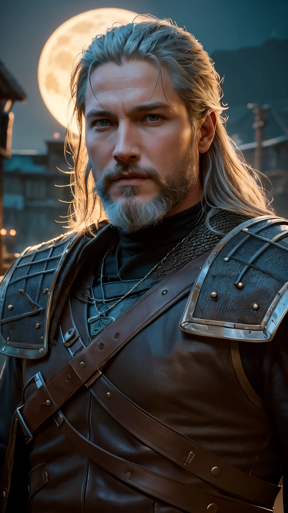 Nighttime portrait of Travis Fimmel, the actor who plays Geralt of Rivia, His face is illuminated by the full moon, He has a beard, Model shooting style (Very detailed CG ユニティ 8k), Full-frame photos of the most beautiful works of art in the world, Medieval witcher armor, Professional and spectacular paintings by Greg Rutkowski, Trending on Art Station, Trending on CGSociety, Complex, Very detailed, Clear focus, dramatic, Realistic paintings by Midjourney
