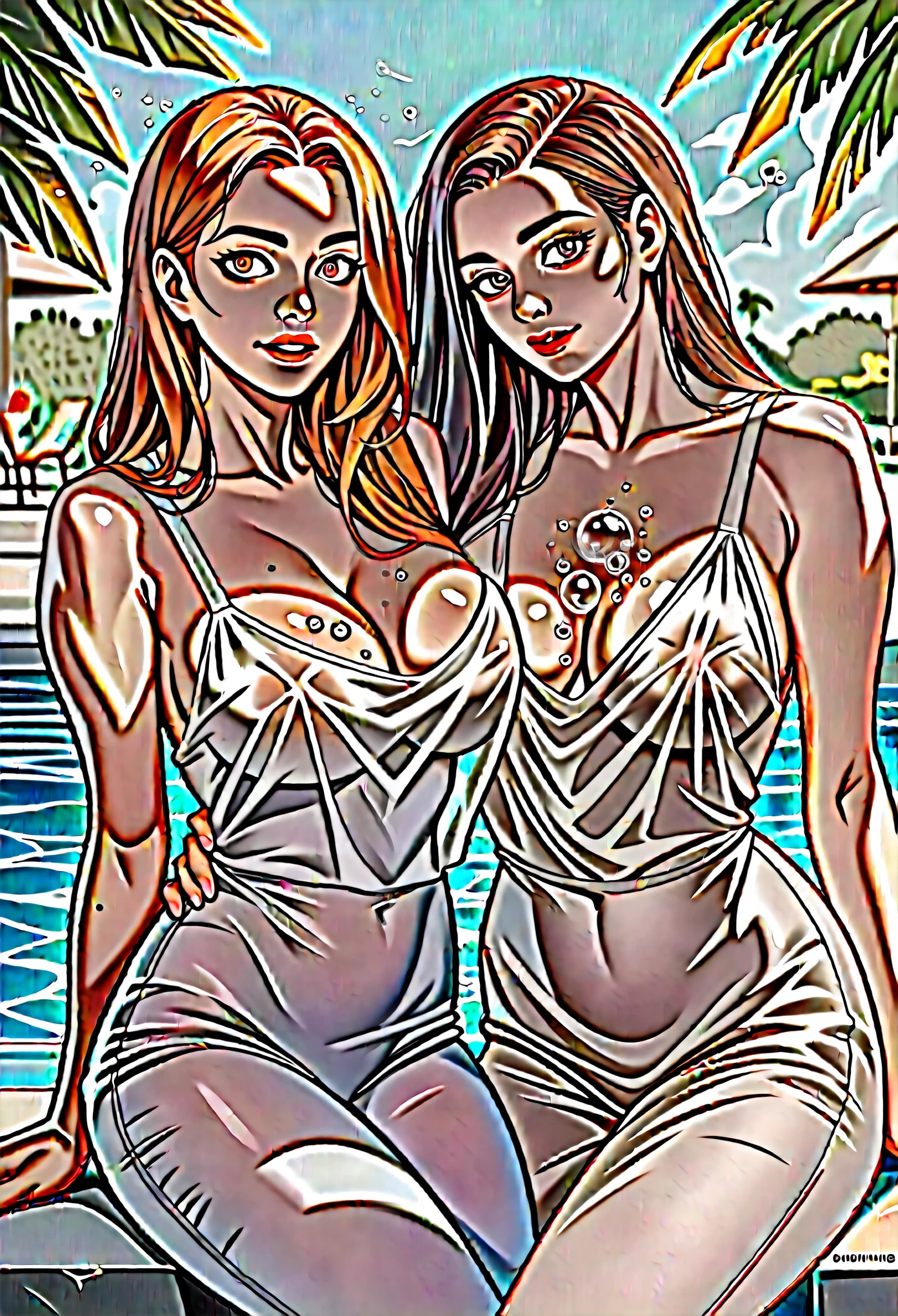 Masterpiece, Best Quality, Cinematic Photos, Digital Artwork Illustrations, Beautiful 2 Woman, Pale Skin, German, Woman Body, Dark Ginger Hair, Very Big Breasts, Bright Eyes, Erotic, (((( ultra-thin see-through fabric)))), (((bubbles on bare chest))), no crop, (pool party background), dark illustration style, (8k, cinematic elements, photorealistic. , sharp focus), complex background, cinematic, rule of thirds, backlight, dslr, film grain, complex details, cup g