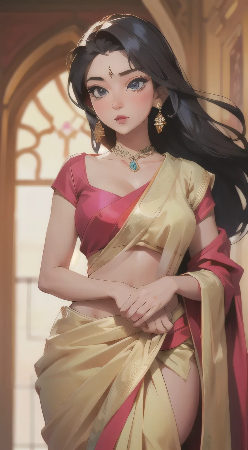 A seductive woman captivates in a stunning saree.