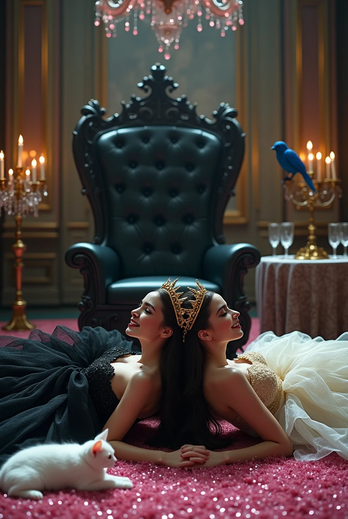 "A full-body shot of a (extra wide angle) in a dark low light medeval ballroom in an old palace. 2 queen twin sisters with big light-colored eyes, super-long shiny blackest hair, ((Detailed face:1.2)), perfect beautiful teeth, perfect hands, five fingers on each hand, big breasts cleavage, most perfect eyes 1:1, white perfect skin, rosy cheeks. They are laying on the floor in a middle of a big enormous ballroom with sparkling pink cristals everywhere in the candelight 1:1 Wearing a layered black, white and gold ballroom dresses with lace and shiffon. leans bending to the side nonchalantly beside a black thrown. On their head is a gold crown, adorned with pink crystals 1:1. They are laughing and laughing at eachother and rolling around the floor. A white cat lounges on the floor in front of her 1:1, while a blue bird perches atop the throne. The scene includes a elegant, extraordinairy beautiful gothic empresses, striking a bendover poses, excited and laughing. their long black hair flowing all around. Embodying a beautiful yet disheveled gothic queens (Best Quality) (Detailed). The environment exudes a medieval fantasy vibe, with a big black intricate throne in a corner, a dark medeval chandelier with few candles hanging from the ceiling a very low romantic lighting. In a fantastic scene that uses 3D Surreal 3D model. Big gold gothic medieval five armed candlesticks sit on a blacktable, surrounded by crystal wine glasses—one tipped over and another half-full of wine. The entire setup is Best Quality, masterpiece yet regal, capturing the essence of a beautiful and happy girls, fantastical gothic setting, moist. Low lighting under neath, framed with the grandeur of medieval gothic style. photographed in a Canon EOS R5, 50mm Lens, F/2.8, nffsw, (8K)"