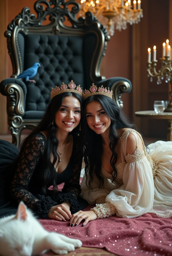 "A full-body shot of a (extra wide angle) in a dark low light medeval ballroom in an old palace. 2 queen twin sisters with big light-colored eyes, super-long shiny blackest hair, ((Detailed face:1.2)), perfect beautiful teeth, perfect hands, five fingers on each hand, big breasts cleavage, most perfect eyes 1:1, white perfect skin, rosy cheeks. They are laying on the floor in a middle of a big enormous ballroom with sparkling pink cristals everywhere in the candelight 1:1 Wearing a layered black, white and gold ballroom dresses with lace and shiffon. leans bending to the side nonchalantly beside a black thrown. On their head is a gold crown, adorned with pink crystals 1:1. They are laughing and laughing at eachother and rolling around the floor. A white cat lounges on the floor in front of her 1:1, while a blue bird perches atop the throne. The scene includes a elegant, extraordinairy beautiful gothic empresses, striking a bendover poses, excited and laughing. their long black hair flowing all around. Embodying a beautiful yet disheveled gothic queens (Best Quality) (Detailed). The environment exudes a medieval fantasy vibe, with a big black intricate throne in a corner, a dark medeval chandelier with few candles hanging from the ceiling a very low romantic lighting. In a fantastic scene that uses 3D Surreal 3D model. Big gold gothic medieval five armed candlesticks sit on a blacktable, surrounded by crystal wine glasses—one tipped over and another half-full of wine. The entire setup is Best Quality, masterpiece yet regal, capturing the essence of a beautiful and happy girls, fantastical gothic setting, moist. Low lighting under neath, framed with the grandeur of medieval gothic style. photographed in a Canon EOS R5, 50mm Lens, F/2.8, nffsw, (8K)"