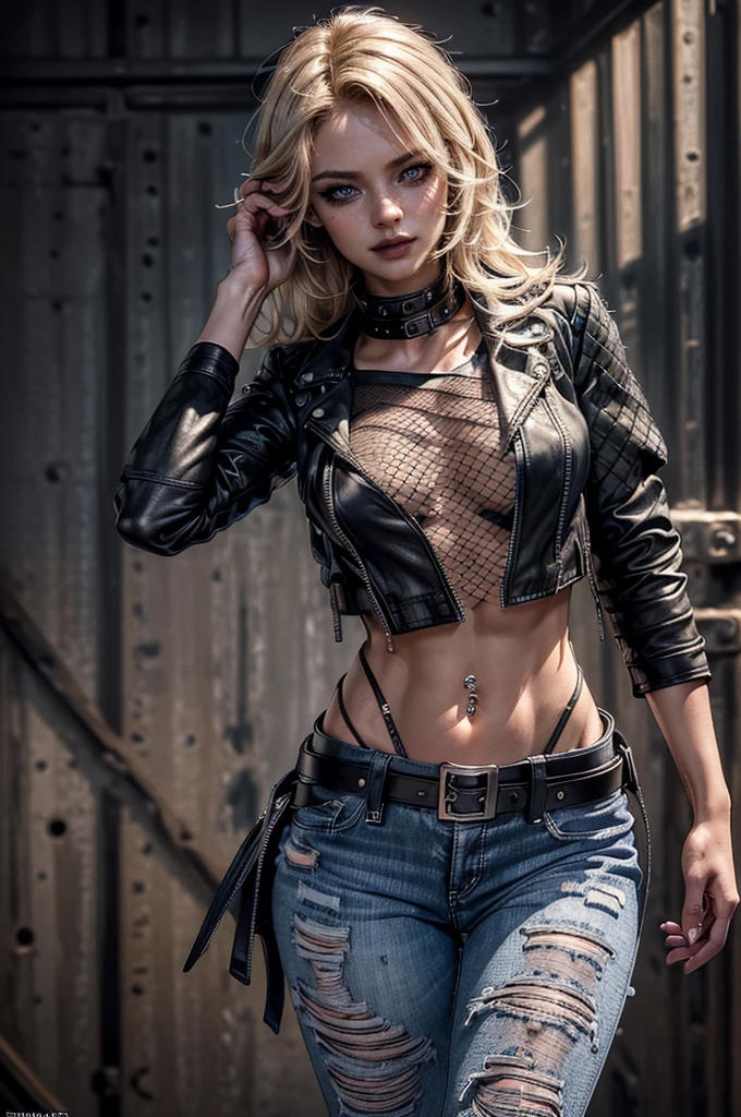 cowboy shot,a pretty 2 girl,blond hair,blue eyes,smiling,lora_Emma,very slim body,thin waist,large breast,(((fishnet top))),(((black short sleeved leather jacket))),(ultra low rise ripped jeans),(studded belt),((((long navel piercing))),thin black collar,empty studio,(exposed thong straps),(best quality,4k,8k,highres,masterpiece:1.2),ultra-detailed,(realistic,photorealistic,photo-realistic:1.37),dramatic lighting,cinematic,fashion photography,studio lighting,high contrast,vivid colors,beautiful detailed eyes,beautiful detailed lips,extremely detailed eyes and face,long eyelashes, hair over one eye, ((grabbing own hair))