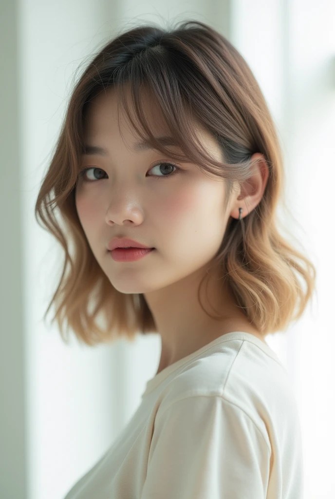 Light layered style、Transparent woman、young、White T-shirt、Semi-long hair to reduce the volume around the neck、Brown Color Hair、
Cute woman、Light hair ends、Straight looking hair、gloss々hair、Tapered Hair