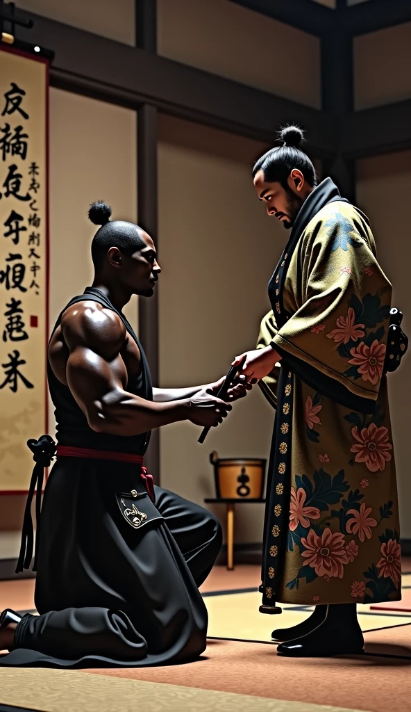 Close-up shot, Low angle shot, (Yasuke “A towering African man over six feet tall, with a muscular build and dark, glistening skin,”, now kneeling before Oda Nobunaga, receives his samurai sword in a solemn ceremony. He is dressed in a traditional samurai robe, deep black with subtle gold embroidery, his muscular frame tense with focus. Nobunaga, wearing a ceremonial kimono with intricate patterns, hands Yasuke the katana with a solemn expression. The background is a beautifully decorated room with tatami mats, sliding paper doors, and a large scroll with calligraphy hanging on the wall. The atmosphere is charged with tension and reverence as Yasuke accepts the sword, his face showing a mix of pride and determination.) unreal engine, cinematic, hyper-real, highly detailed, Ultra realistic HD --q 2 --v 6.1 --ar 9:16  